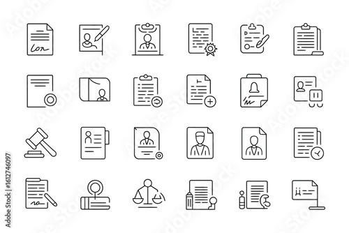 A collection of minimalist line art icons depicting documents, contracts, and legal proceedings elements