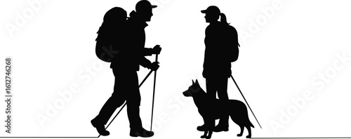 Hiking couple silhouette with dog, outdoor walking sticks, mountain adventure, travel gear, trekking people, black vector flat design