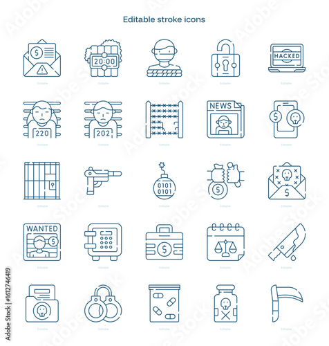Crime stroke icon. Crime line icon set. editable stroke icon pack