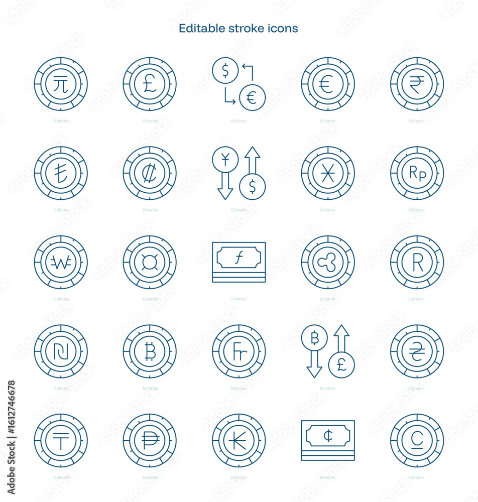 Currency stroke icon. Currency line icon set. editable stroke icon pack Currency stroke icon. Currency line icon set. editable stroke icon pack