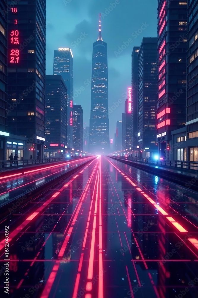 Fototapeta premium Futuristic cityscape with glowing AI technology, digital grid lines, and holographic displays, grid, innovation, city