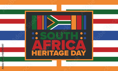 South Africa Heritage Day. Happy holiday. Celebrate culture and traditions of nation. South African flag. Poster with illustration. Pattern design. Vector