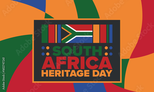 South Africa Heritage Day. Happy holiday. Celebrate culture and traditions of nation. South African flag. Poster with illustration. Pattern design. Vector
