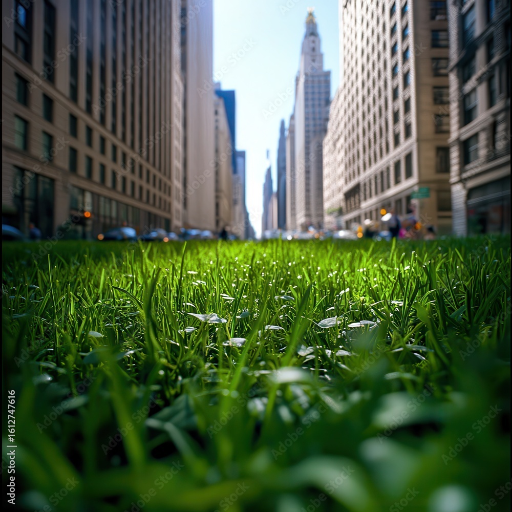 Fototapeta premium Lush green grass patch in city street