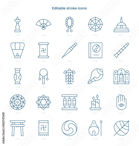 Buddhism stroke icon. Buddhism line icon set. editable stroke icon pack