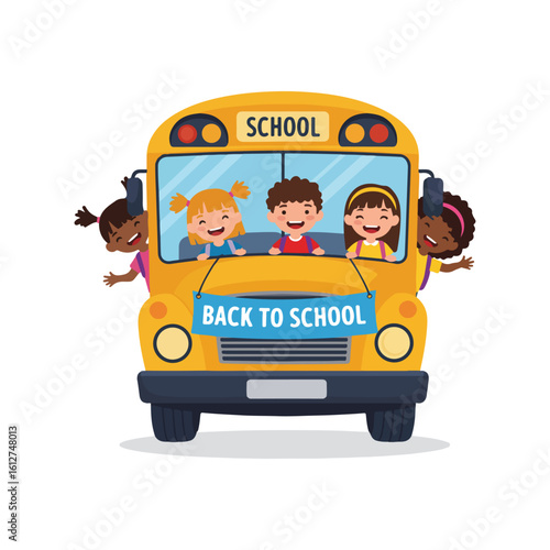 Happy diverse children excited for back to school on a yellow bus