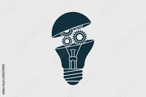 Illustration of a lightbulb with gears inside and the top half open on a light gray background