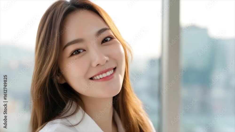 A beautiful Korean woman smiling, with long hair, in an office background with a cityscape A beautiful Korean woman smiling, with long hair, in an office background with a cityscape