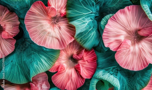 Vibrant floral arrangement with pink blossoms and lush green leaf texture