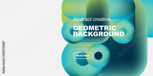 Abstract geometric background features overlapping colorful shapes. Text includes geometric background plus sample text, button visible.