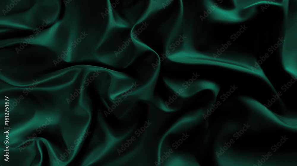 Obraz premium Luxurious cold dark blue fun british racing emerald green silk fabric with elegant, flowing drapes and soft sheen. Premium satin cloth texture for business. Sleek bedding, sheet. Shiny folds