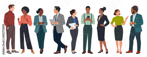 Different business team members standing, talking, communicating, taking part in business activities, meeting, brainstorming, coffee break. Multiracial people vector illustrations isolated.
