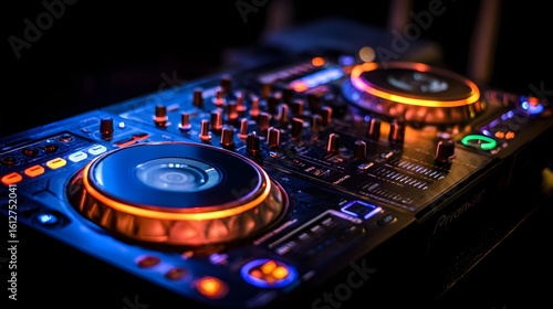 Close-up of a professional dj mixer with illuminated controls.