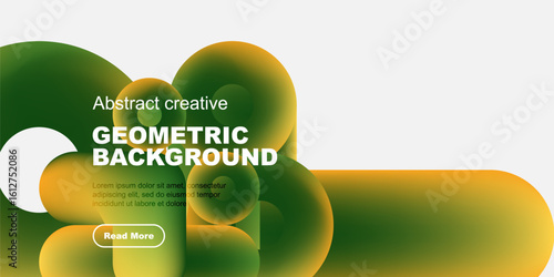 Abstract geometric background features vibrant green, orange hues. Text overlay includes title, sample text, button. Minimalist design.
