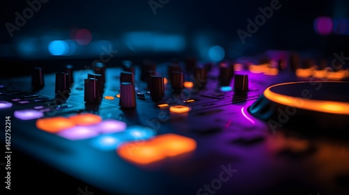 Close-up view of a dj mixer with illuminated controls.