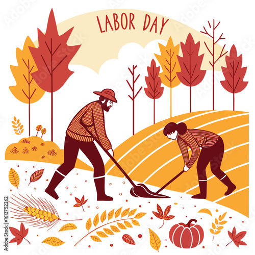 Labor Day Holiday with Workers and Fall Leaves