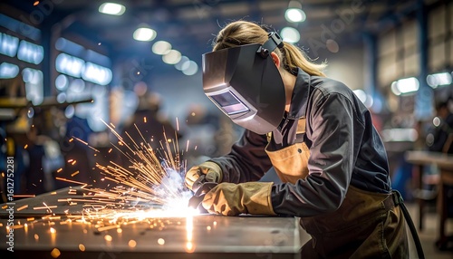 A female welder works diligently, sparks flying, in an industrial setting