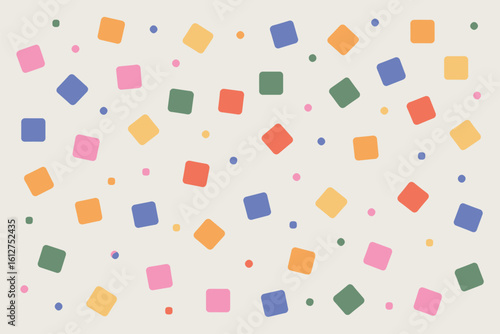 A simple pattern of colorful squares and circles scattered randomly on a light background creating a fun design