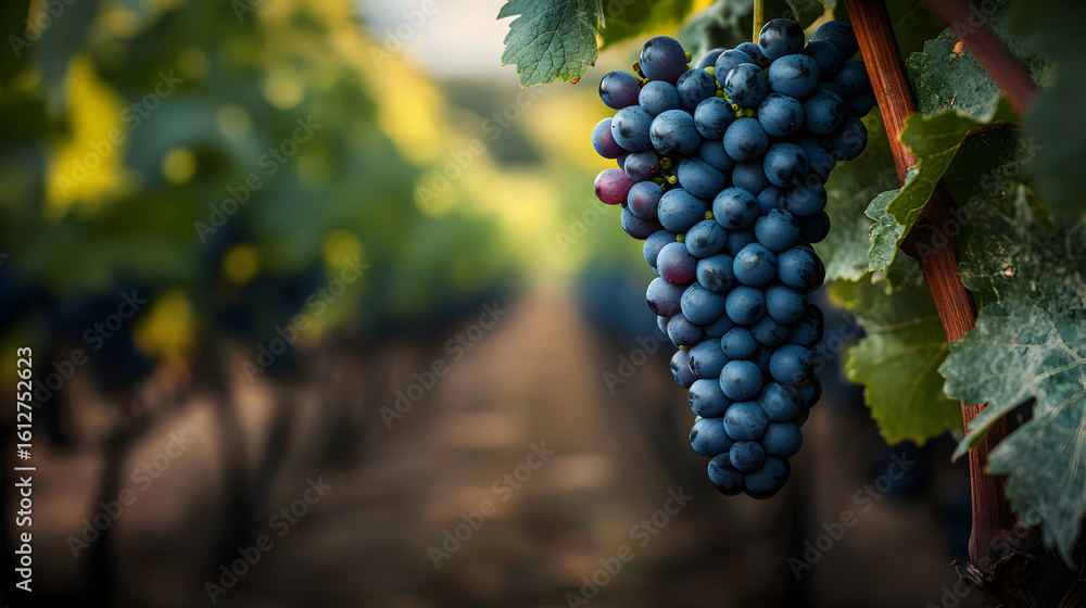Naklejka premium A bunch of ripe grapes hangs in a vineyard with rows of vines.