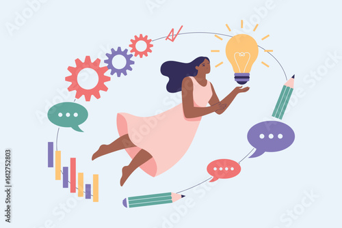 Illustration of a woman in a dress holding a lightbulb surrounded by gears and speech bubbles around her