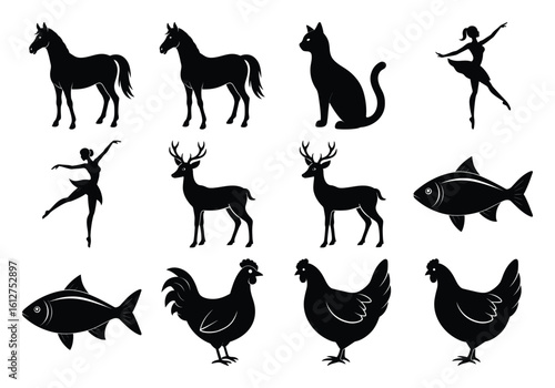 Collection of animal and human silhouettes isolated on white background