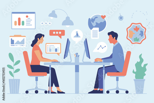 Illustration of man and woman working at computers with charts and graphs in a light blue office space