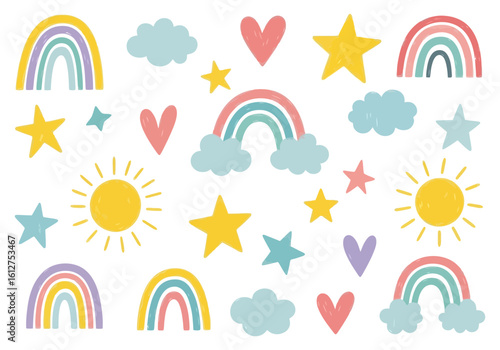 A collection of cute pastel rainbows, stars, suns, hearts, and clouds