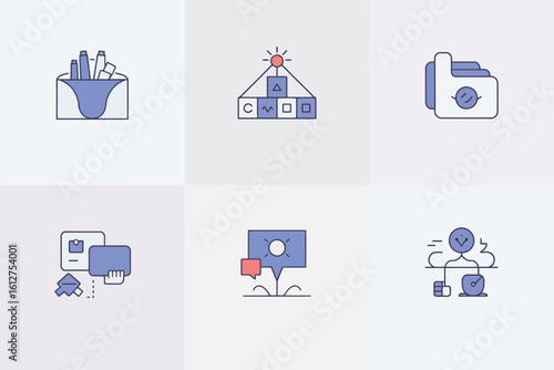 Six abstract icons arranged in a grid pattern on a white background featuring various conceptual designs