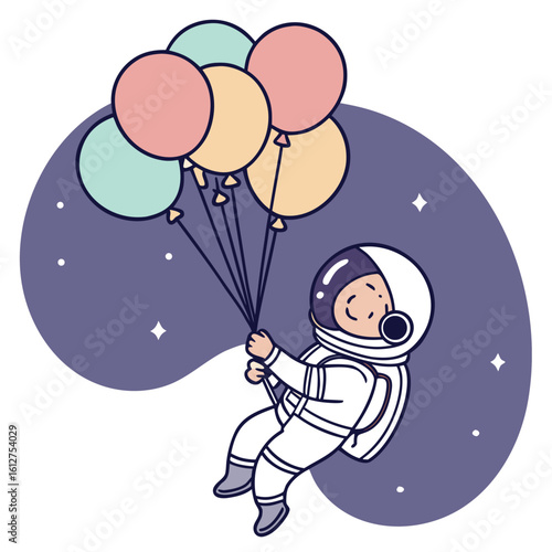 Astronaut floating with colorful balloons in space