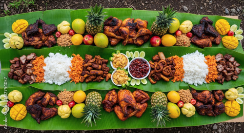 A vibrant and colorful Filipino Boodle Fight feast with various food items.