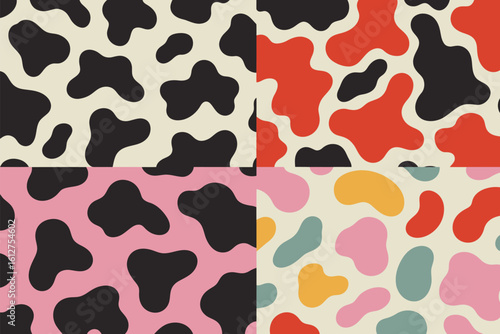 A colorful collage of four different patterns resembling cow spots in various color combinations and styles