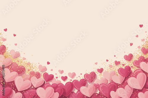 A valentine's day background with pink and red hearts scattered along the bottom and gold glitter accents