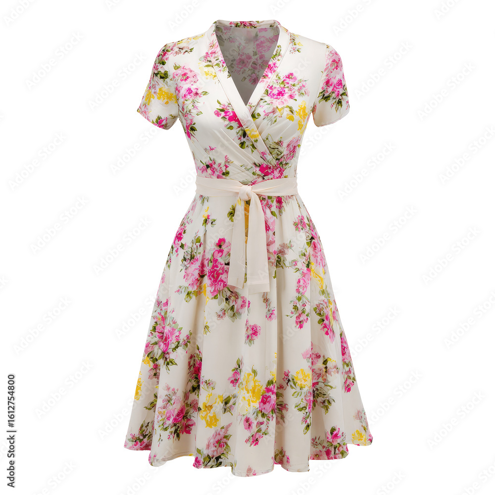 Obraz premium Elegant Floral Summer Dress with Short Sleeves and Waist Tie isolated on transparent white background, clipping path