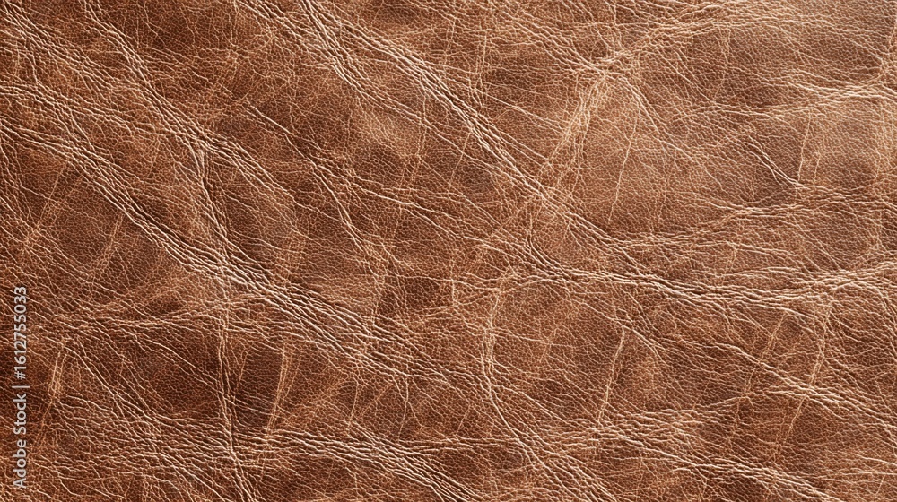Obraz premium A detailed close-up of brown leather showcases its unique texture and natural creases, perfect for design projects or material selection in fashion and upholstery.