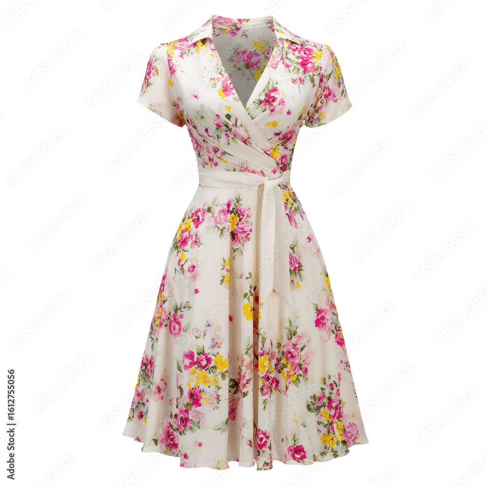 Obraz premium Elegant Floral Summer Dress with Short Sleeves and Waist Tie isolated on transparent white background, clipping path