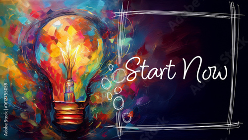 Start Now Bulb Colorful Painting Left Text Horizontal Dark 