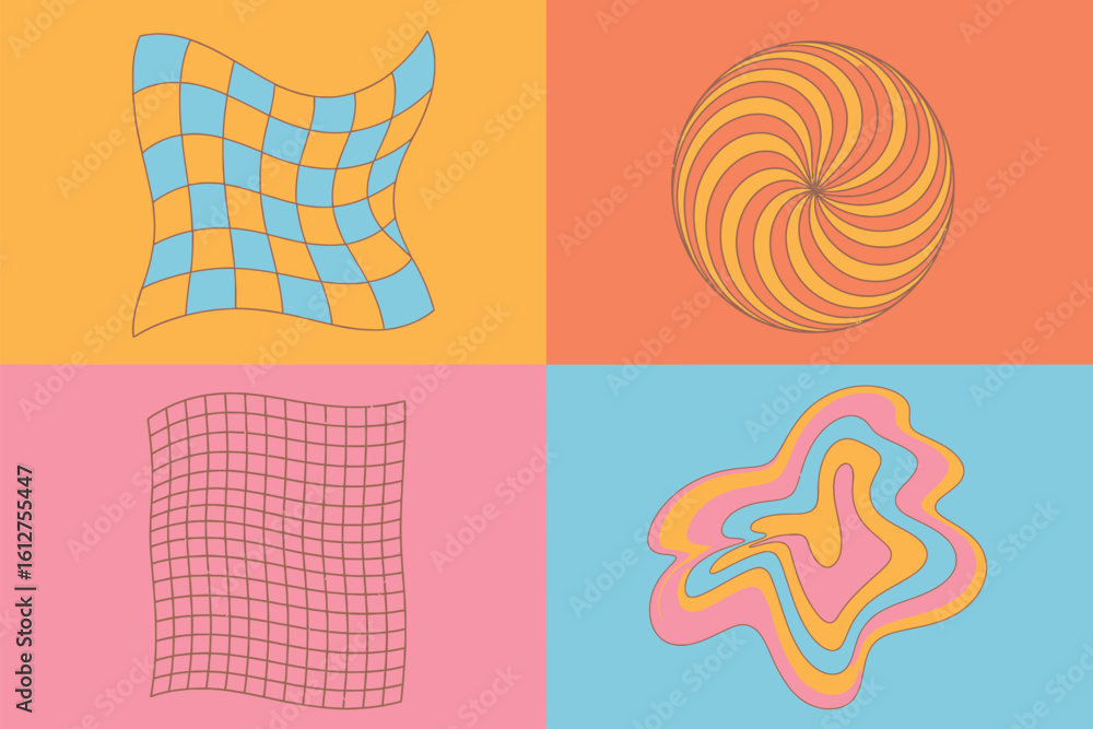 Naklejka premium A collage of four abstract designs with checkered, spiral, and wavy patterns on colorful backgrounds