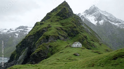 Rugged, grassy mountainside with small white house