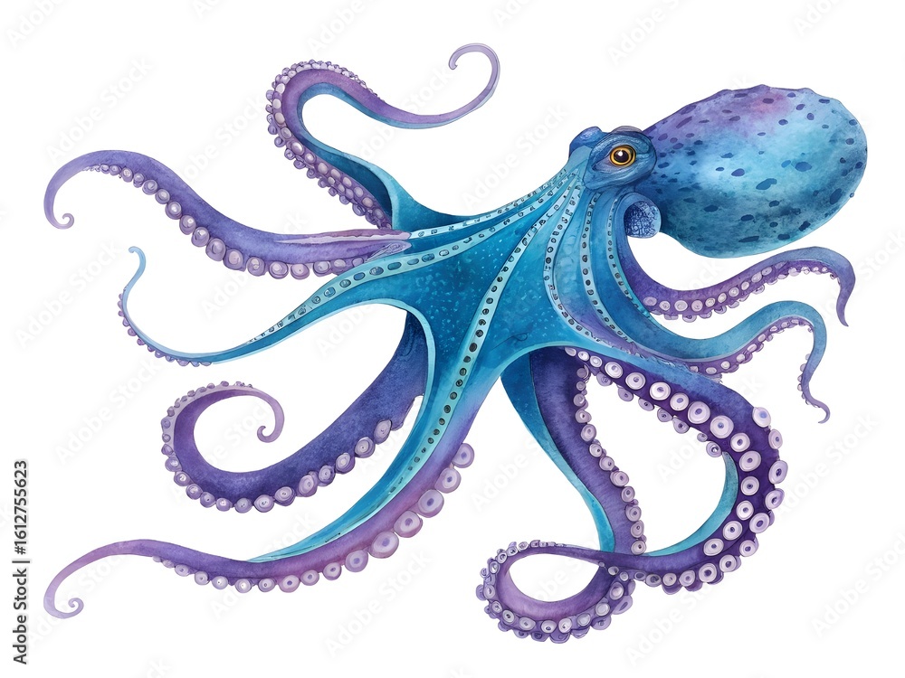 Obraz premium Vibrant blue octopus with tentacles spread on white background