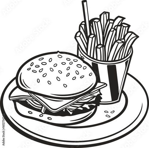 Burger and fries fast food vector illustration with hamburger, drink, and snack icons