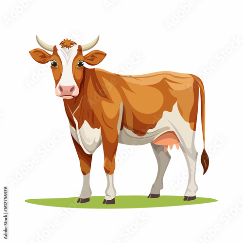 Cartoon Cow Illustration Featuring Brown and White Markings Standing on Green Pasture