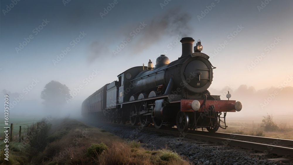 Naklejka premium Steam Locomotive Chugging Through a Misty Landscape