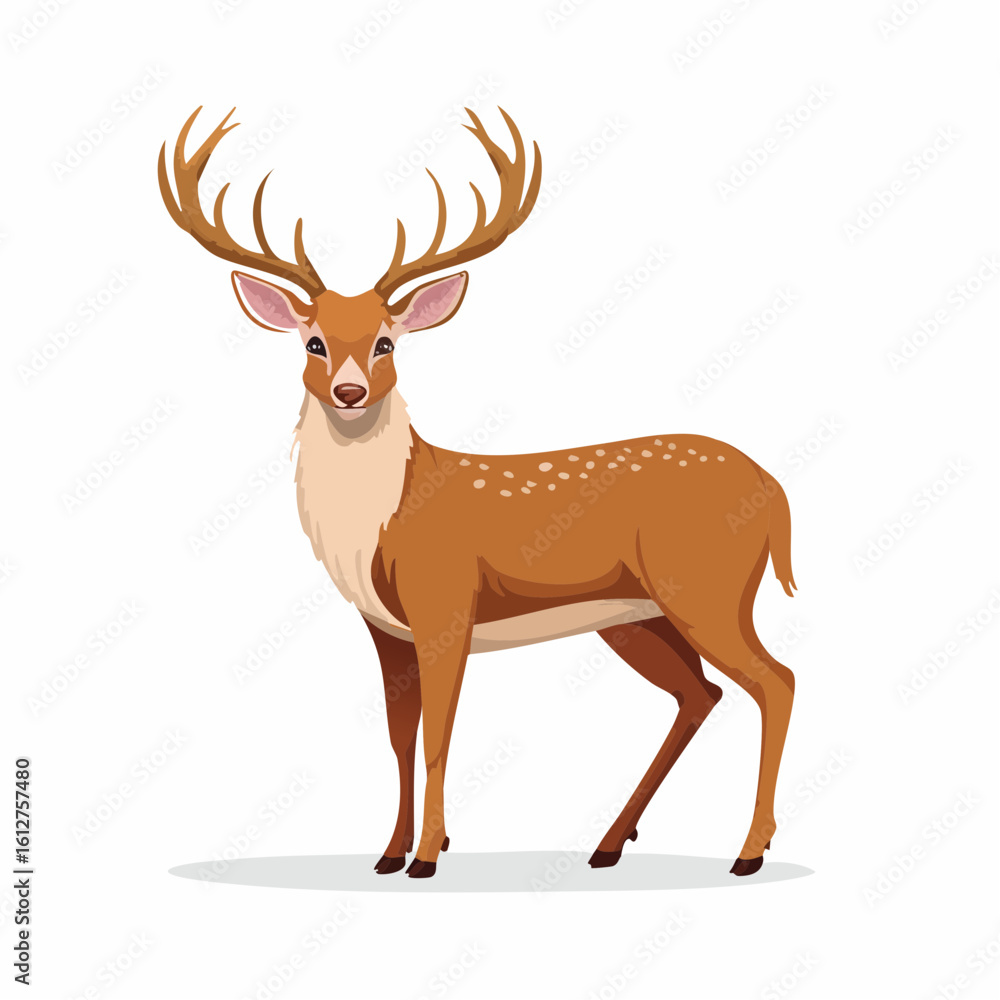 Elegant Cartoon Deer Illustration with Large Antlers and Spotted Coat on a White Background Elegant Cartoon Deer Illustration with Large Antlers and Spotted Coat on a White Background