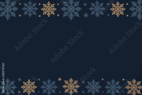 A winter background with snowflakes in blue and gold colors forming a border on the top and bottom edge