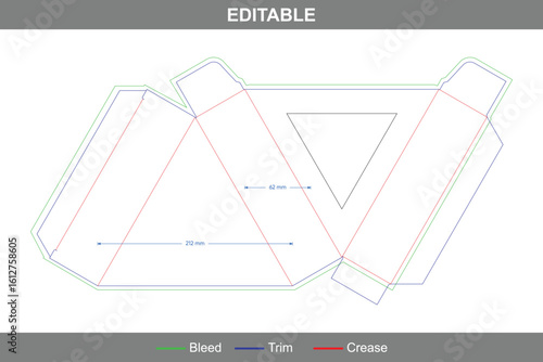 Regular triangle box dieline template with mortise lock and transparent window cutout, perfect for custom product packaging, retail mockups, and printable folding layout