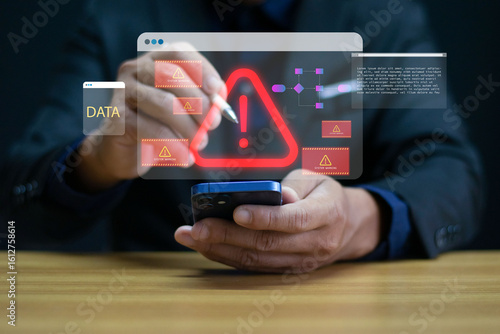 System alert on interface, cyber attack hazard, concept of cyber security risk, data breach, malware, hacking, IT system failure and digital system vulnerability.