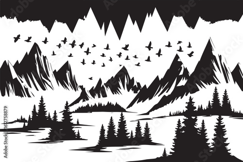 Black and white silhouette illustration of a phoenix isolated on transparent background