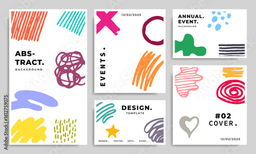 Abstract hand drawn poster design collection with pencil scribble. Crayon doodle drawing background template with copy space. Contemporary art banner with rough freehand texture.