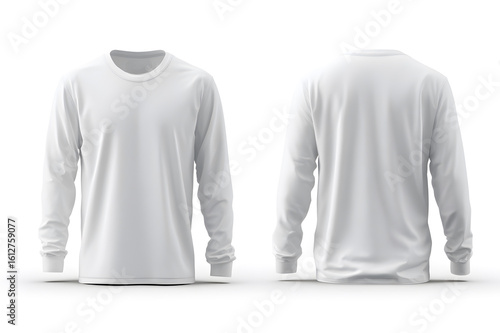 Mockup photo of front and back view of a white long sleeve T shirt with an isolated white background