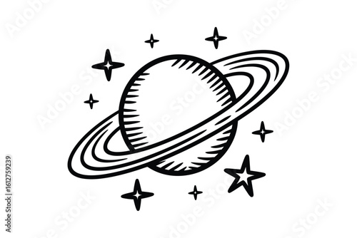 A black and white drawing of a planet with rings and stars floating around it in a simple graphic style